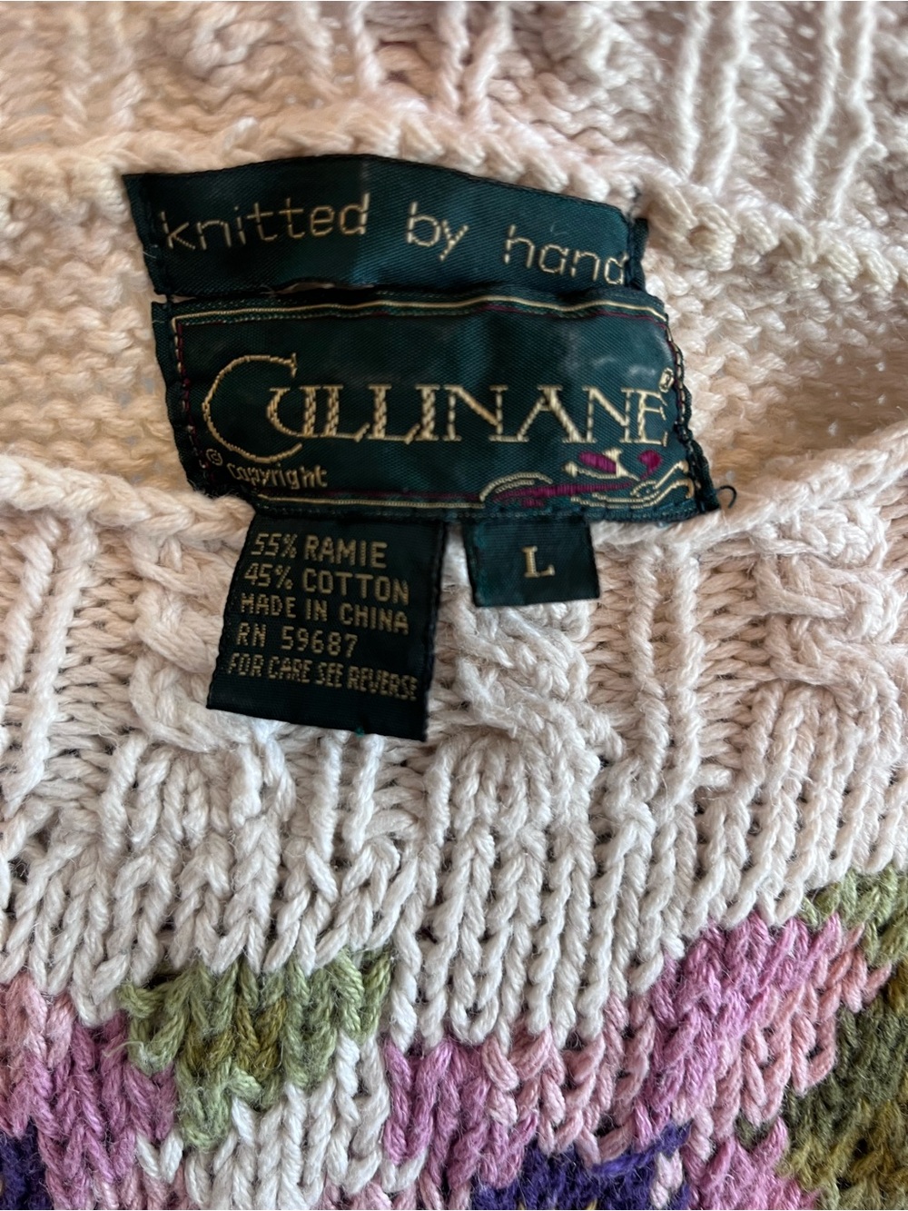 Vintage Hand-Knit Floral 80s Cullinane Sweater Ramie Cotton Cottagecore • L - Picture 3 of 9